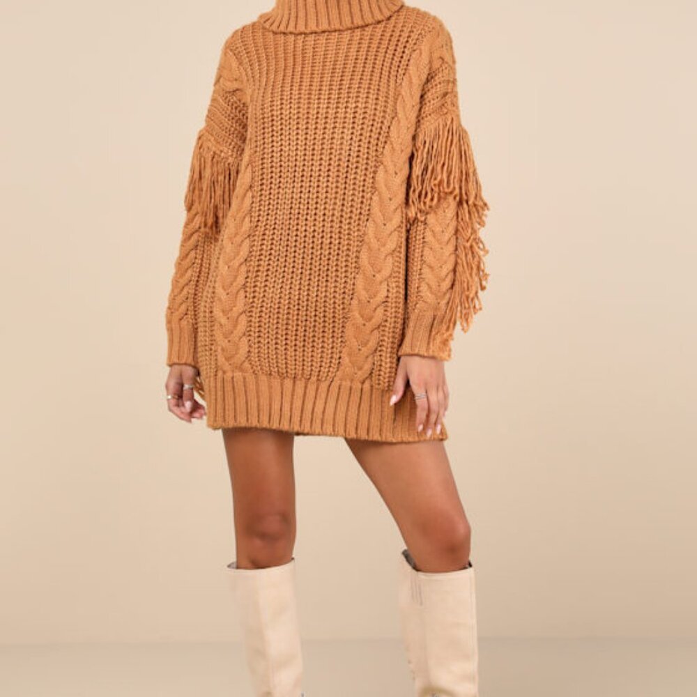 Lulus Coziest Heart Tan Oversized Cable Knit Fringe Sweater Mini Dress Brown
